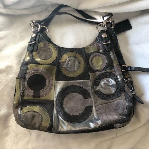COACH Maggie Mia Inlaid “C” Leather/Suede/Fabric Patchwork Hobo Shoulder Bag - Picture 3 of 16